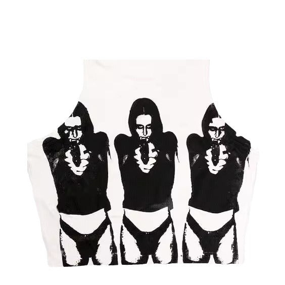 Dark Sleeveless Round Neck Pattern Printed Bare Midriff Slim Fit Women's Vest