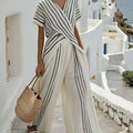 Crew-neck Striped Short-sleeve Top And Straight-leg Wide-leg Pants Two-piece Set