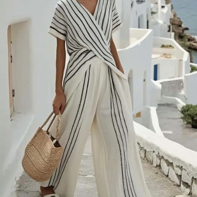 Crew-neck Striped Short-sleeve Top And Straight-leg Wide-leg Pants Two-piece Set