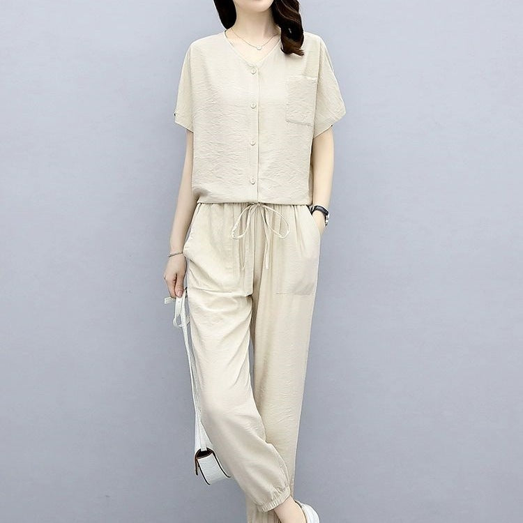 Leisure Fashionable Stylish Fashionable And Reducing Age Noble Lady Sub-cotton And Linen Two-piece Suit
