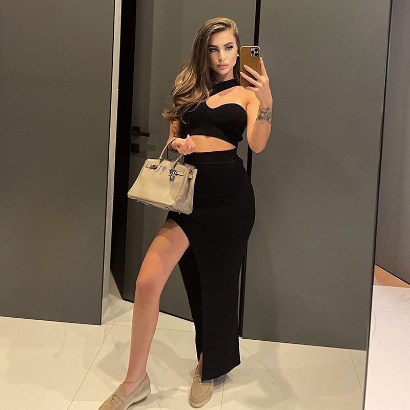 Summer Fashion Temperament Slim Fit Sexy Spicy Girl Outfit Solid Color Slit Thread Skirt Set