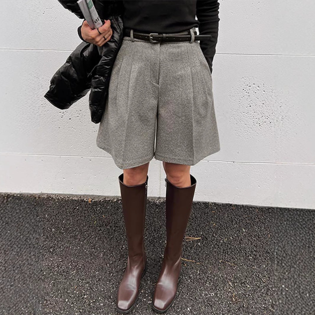 Woolen Shorts High Waist Outer Wear Fifth Pants Small Wide Leg