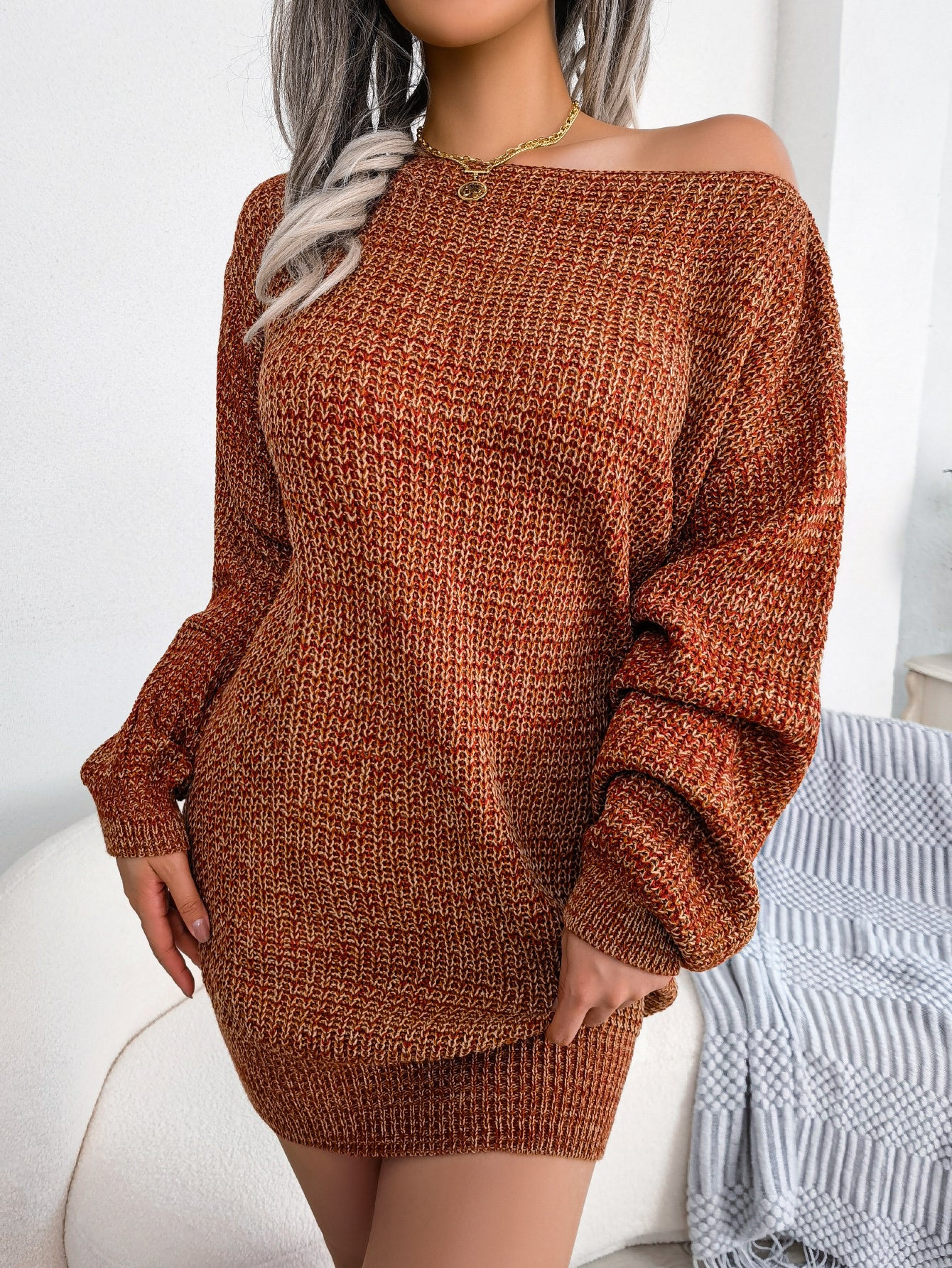 Casual Off-Shoulder Colorful Lantern Sleeve Knit Sweater Dress