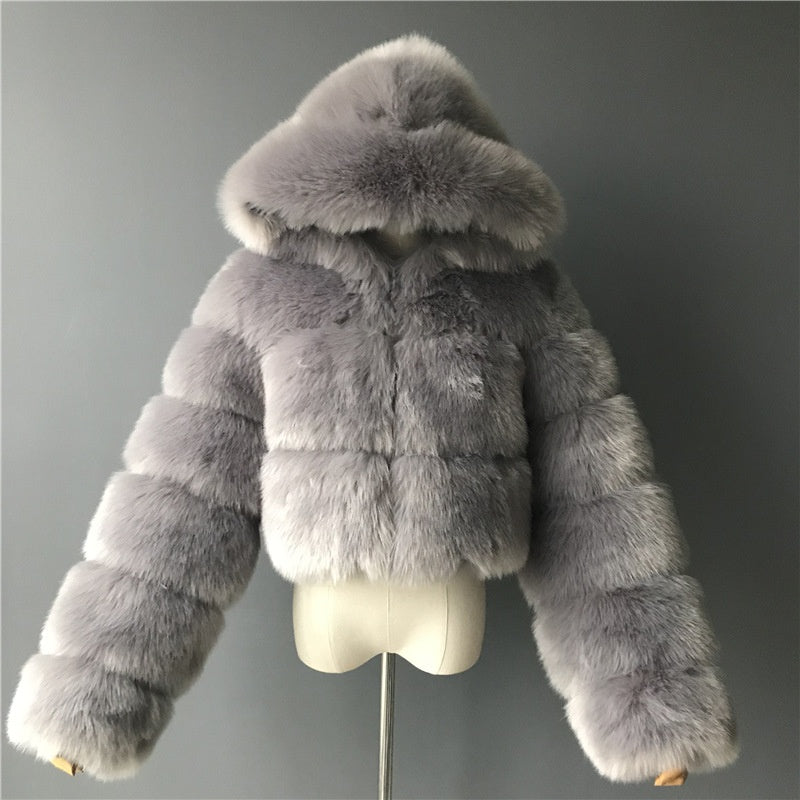 Short Hooded Faux Fur Long Sleeve Coat