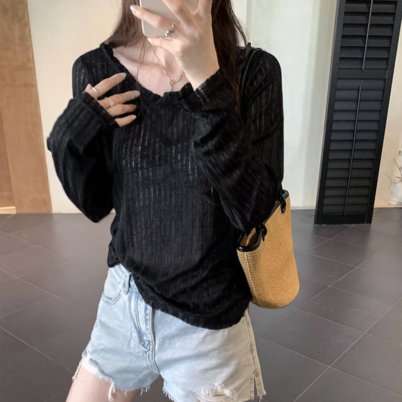 Thin Striped Loose All-matching Long Sleeve Top