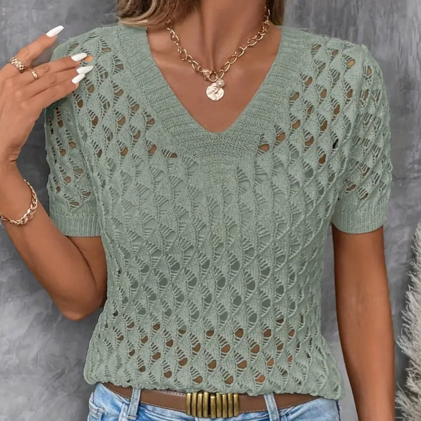 Best Selling Knitted V-neck Short-sleeved Top Hollow Out