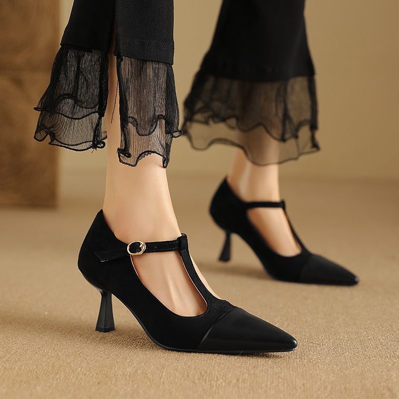Elegant T-Strap Stacked Heel Shoes