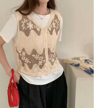 Heavy Industry Crochet Embroidery Denim Waistcoat Vest