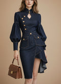 Architectural Indigo Denim Midi Dress-Military Gold-Tone Hardware & Bishop Sleeves