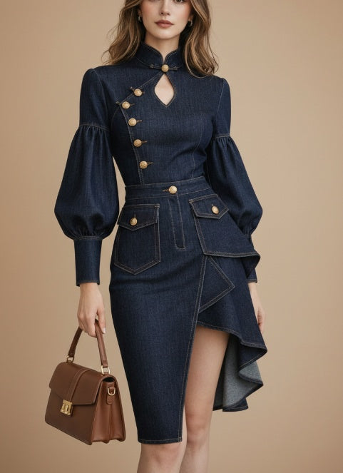 Architectural Indigo Denim Midi Dress-Military Gold-Tone Hardware & Bishop Sleeves