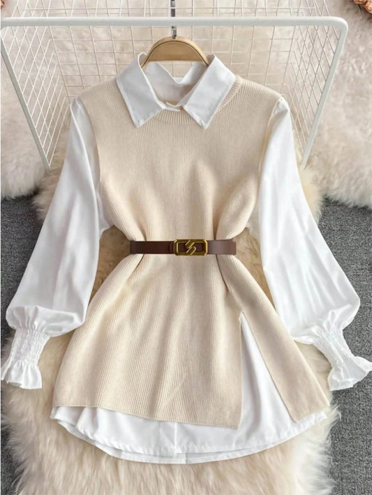 Women Vintage Apricot Split Hem Rib Knit Vest