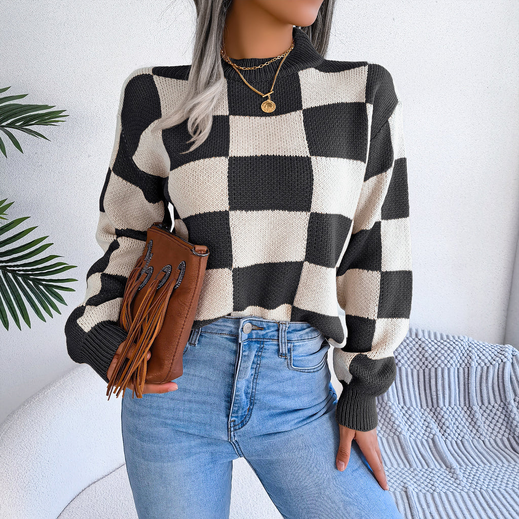 Street Style Color Block Plaid Long Sleeve Pullover Knit Sweater