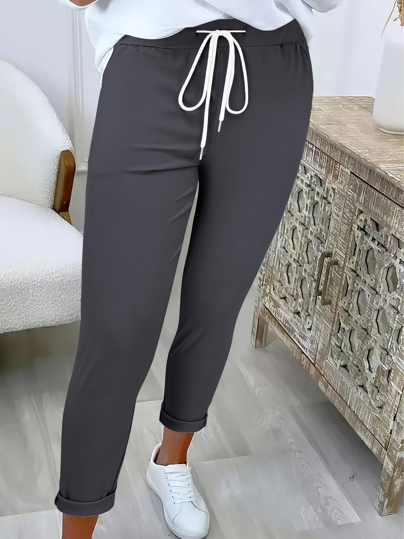 Women's Fashion Belt Lace Up Casual Trousers