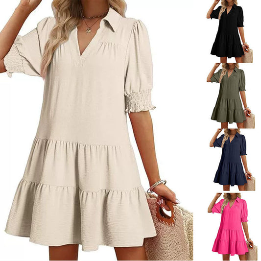 Women's Clothing Casual Polo Collar V-neck Half Sleeves Pleated Dress