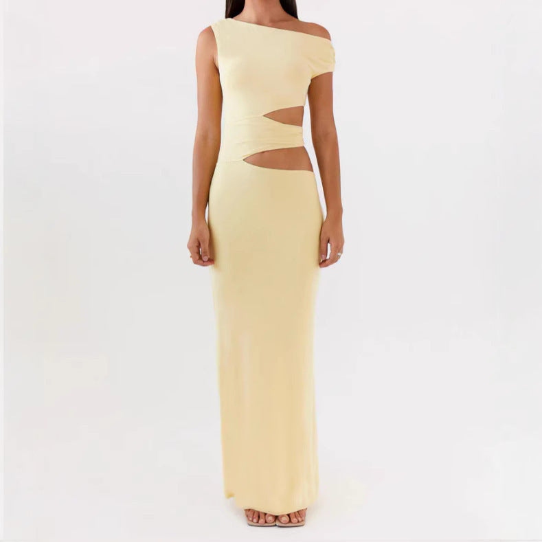 Solid Color Sloping Shoulder Dress Women's Summer Hollow-out Midriff Sheath Dress