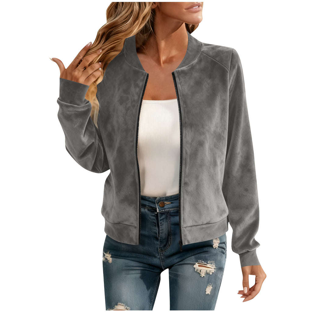 Round-neck Zip-up Deerskin-fleece Short Jacket