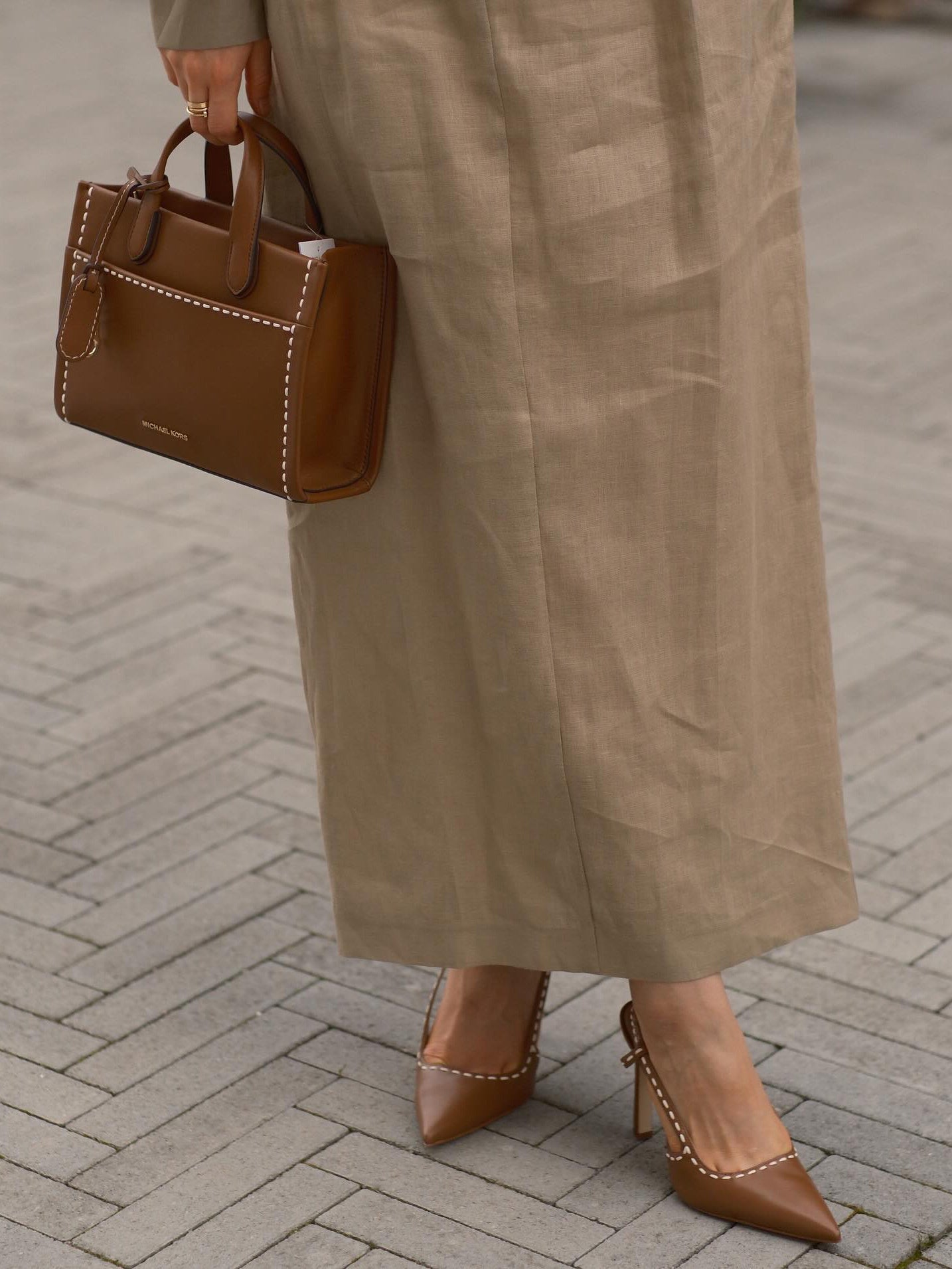 Khaki Puff - Sleeve Blouse And Midi Skirt Set