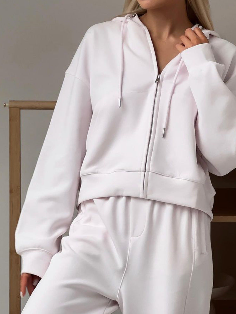 Zipper Hooded Sport Cardigan Lace-up Trousers Two-piece Casual Suit