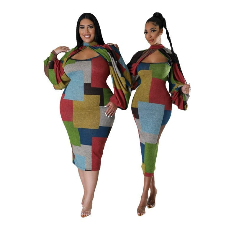 New Fashion Stitching Printing Color Contrast Long Sleeve Plus Size Dress
