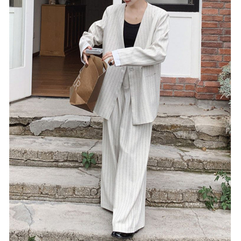 New Fashion Striped Blazer Wide-Leg Pants Two-Piece