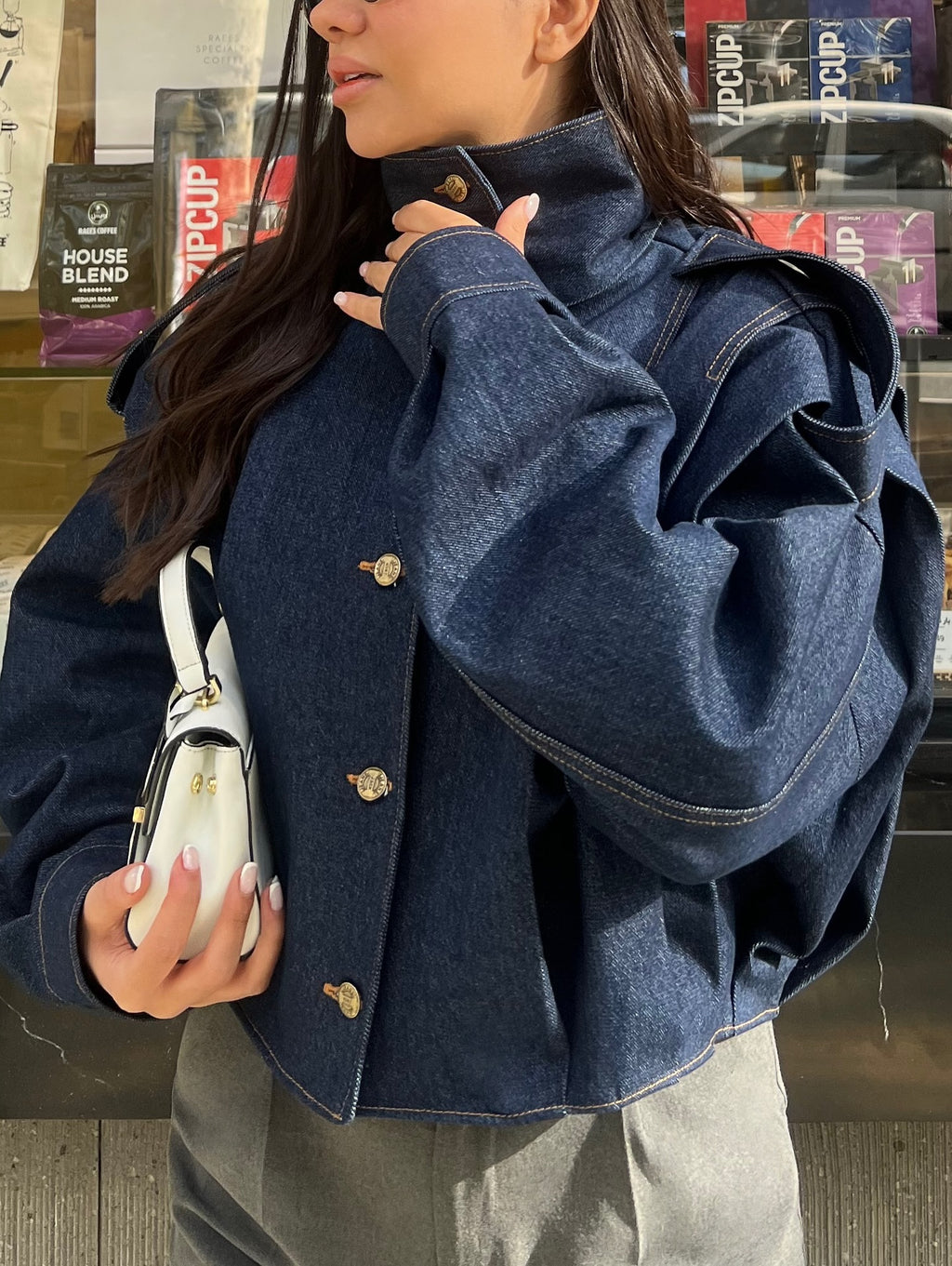 Dark Blue Denim Cropped Jacket With Gold Button Accents And Structured Shoulders