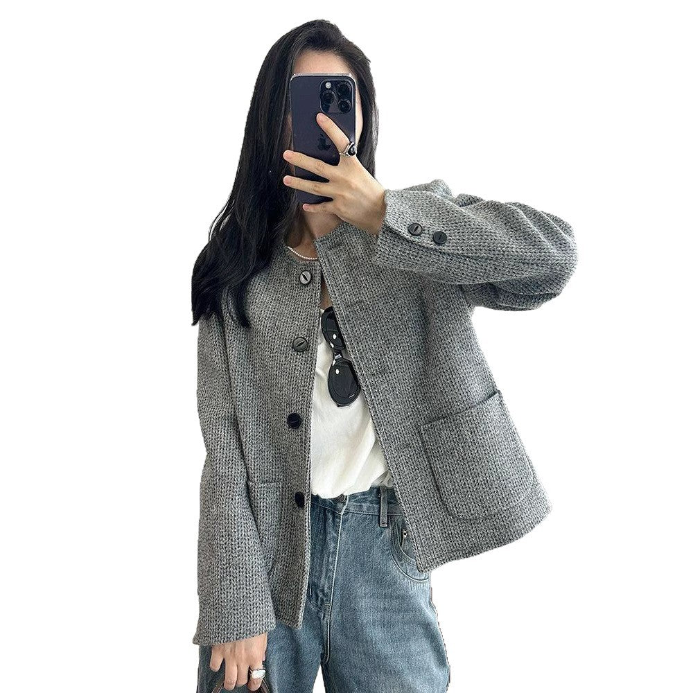 Elegant Tweed Vintage Crew-neck Coat For Women
