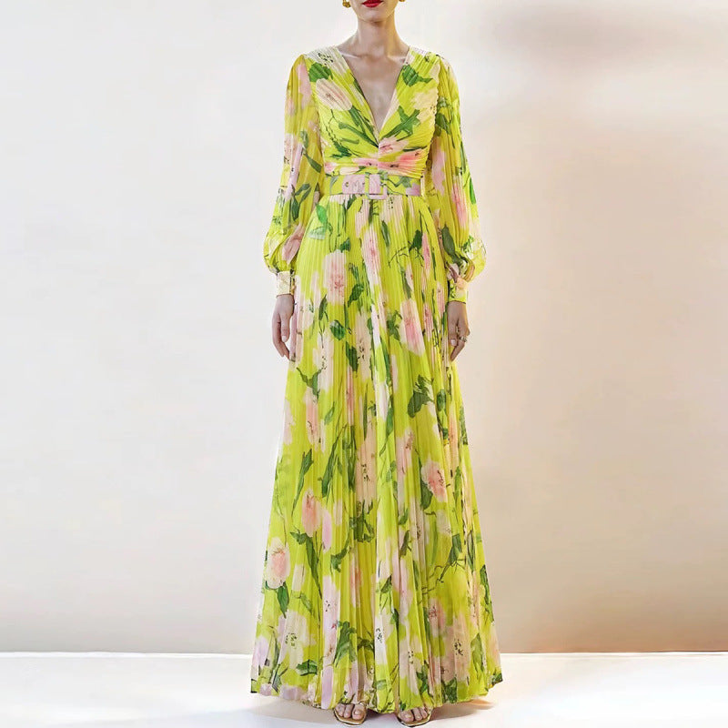 Autumn And Winter French Style Floral Slim-fitting Pleated Floral Skirt Women