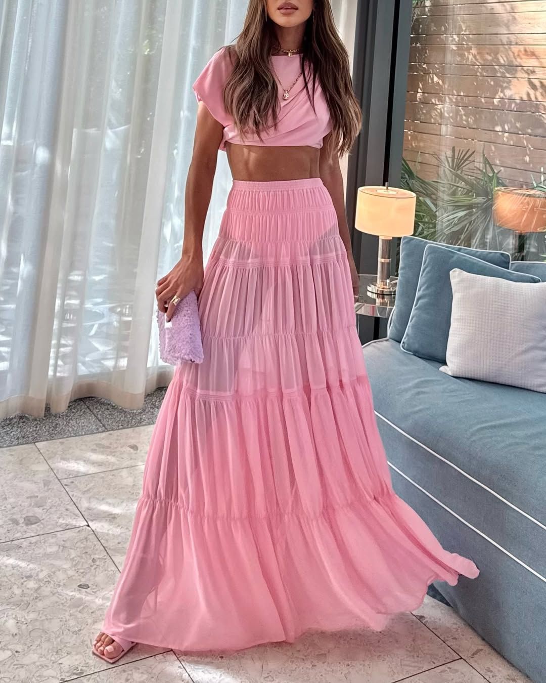 Round Neck Pleated Jacket  Patchwork Skirt Two-piece Suit
