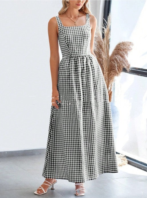 Patchwork Plaid Sling Elastic Large Swing Dress