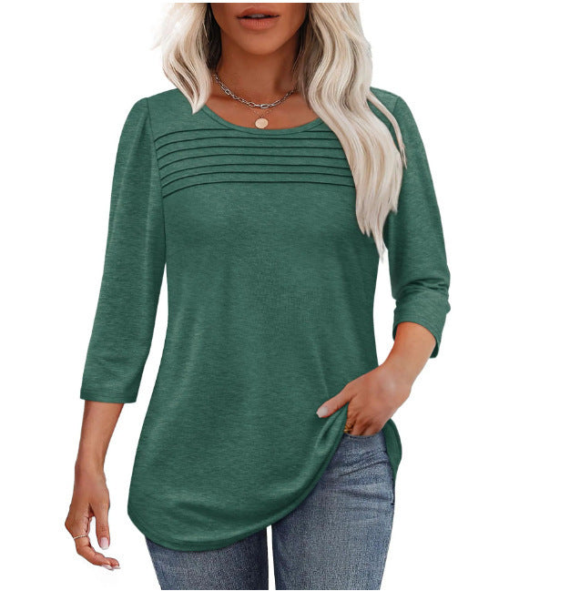 Ladies' Autumn And Winter Round Neck Three-quarters Sleeved Chest Tuck Line Pleated Top