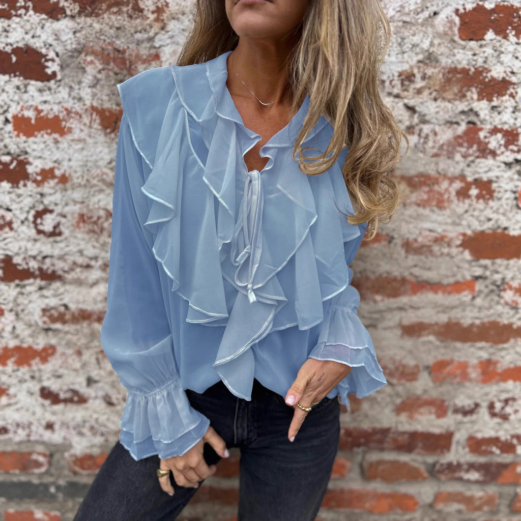 Ruffled Flared-sleeve Chiffon Blouse Top