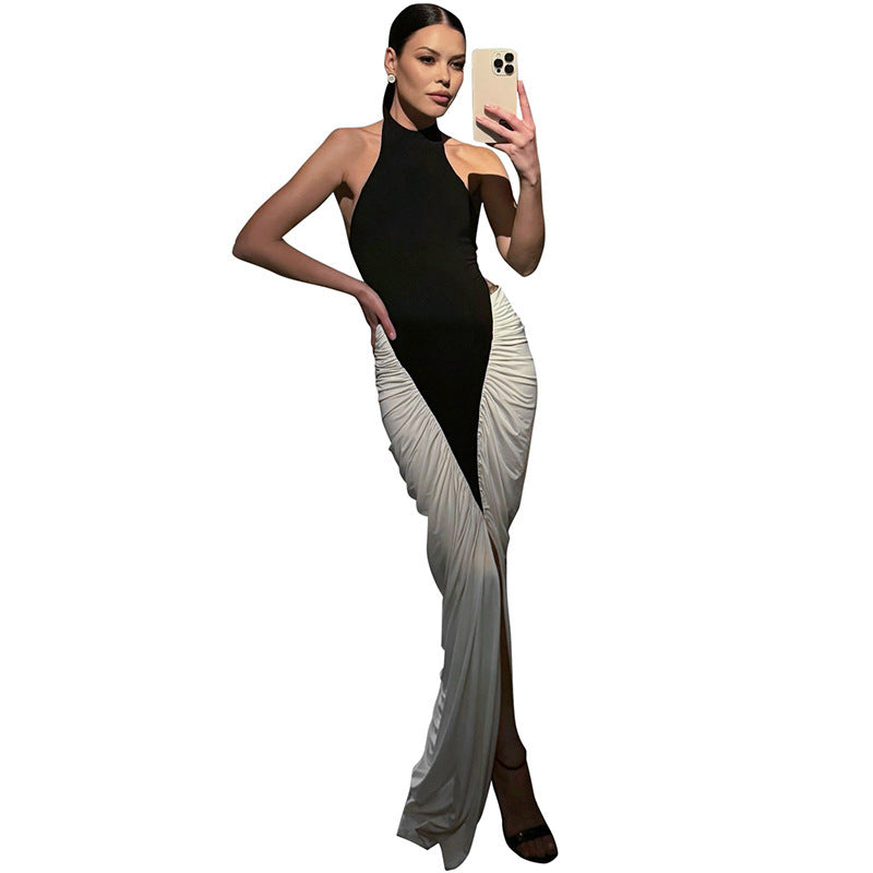 European And American Halter Backless Color Contrast Patchwork Sexy Dress