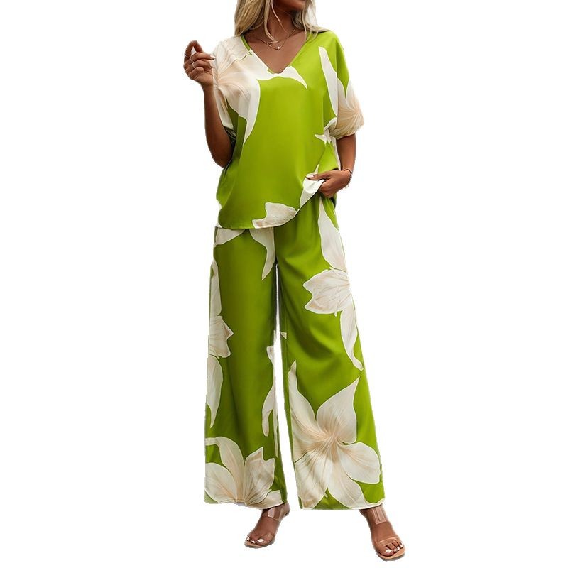 Printed V-neck Batwing-sleeve Top And Long Pants Two-piece Set