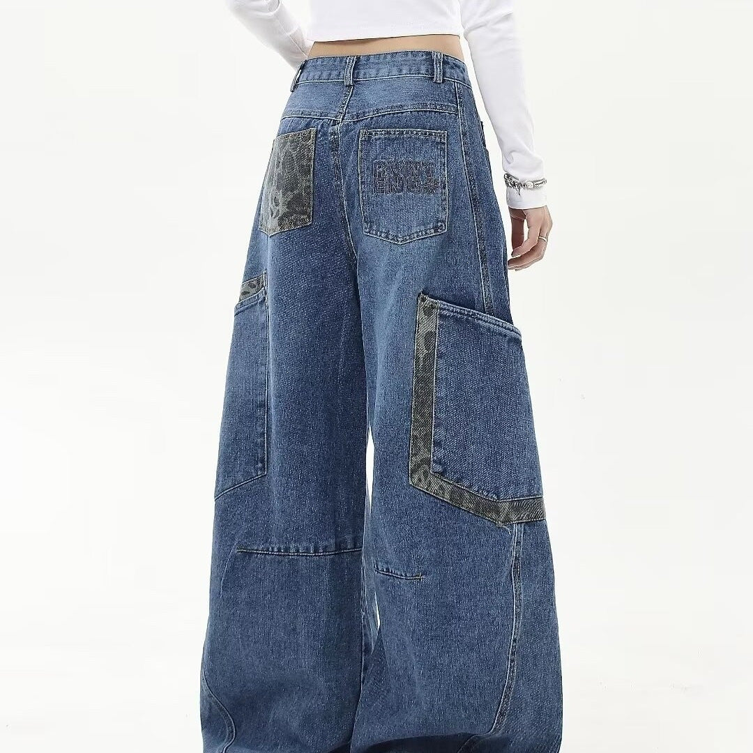 American Vintage Leopard Print Patchwork Large Pocket Cargo Jeans