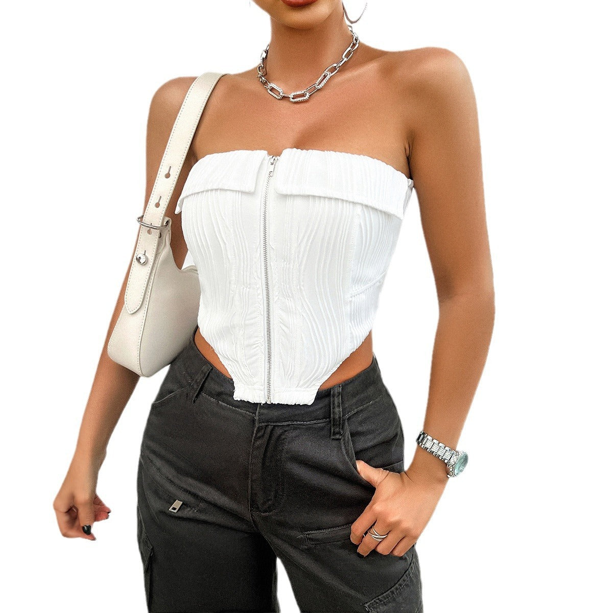 SpringSummer Temperament Pure Color Slim-fit Zipper Tube Top