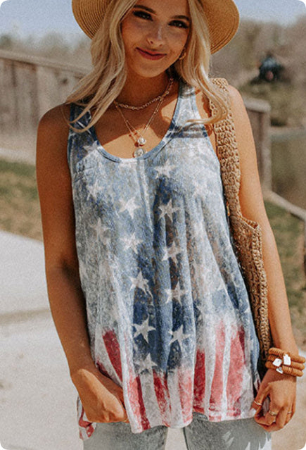 Blue Vintage Washed Flag Print  Tank Top