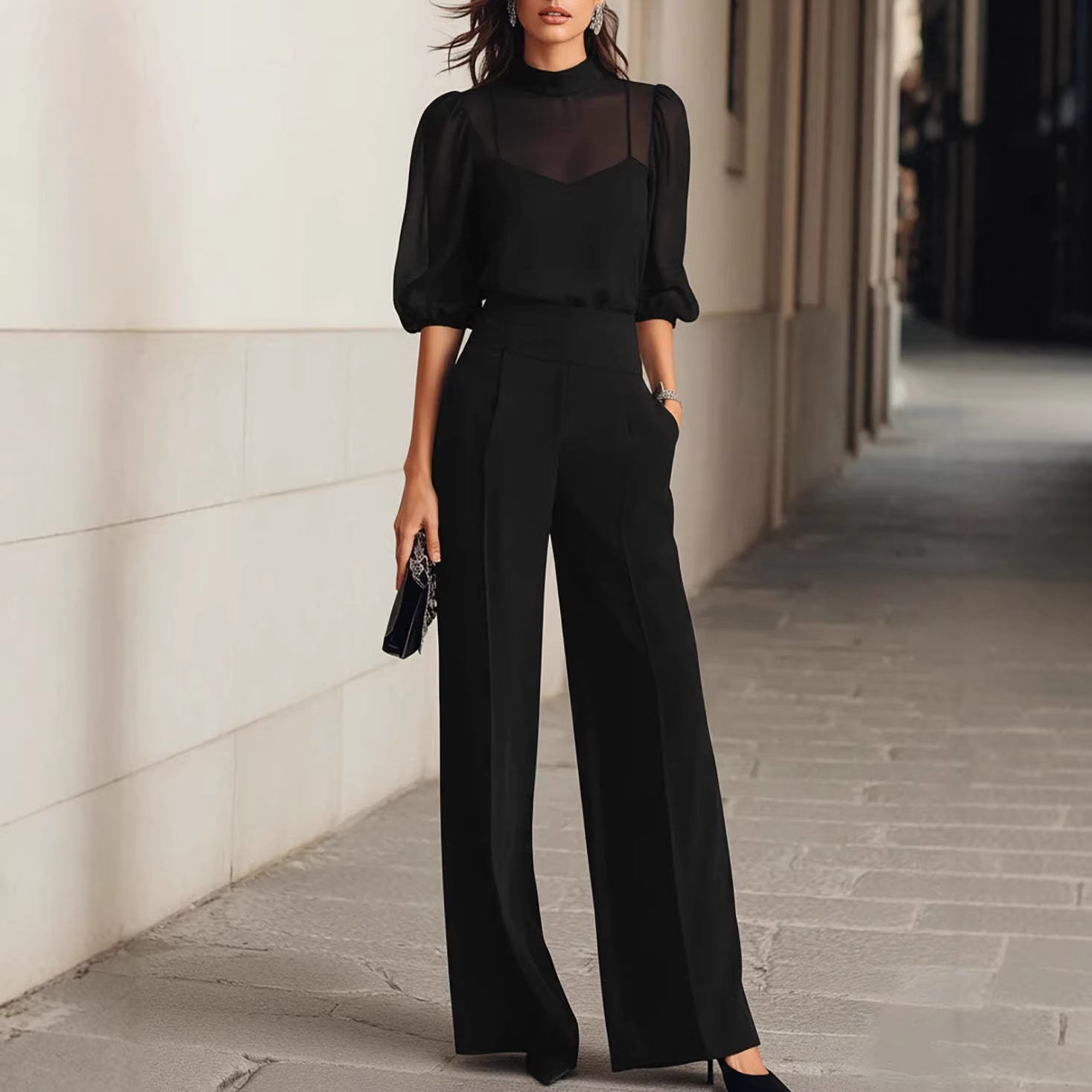 Womens New Summer Figure-flattering Printed Short-sleeve Wide-leg Pants Three-piece Set