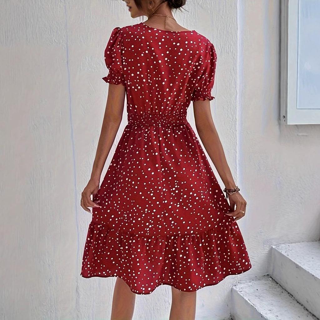 Casual Short Sleeve Cross Collar Polka Dot Dress