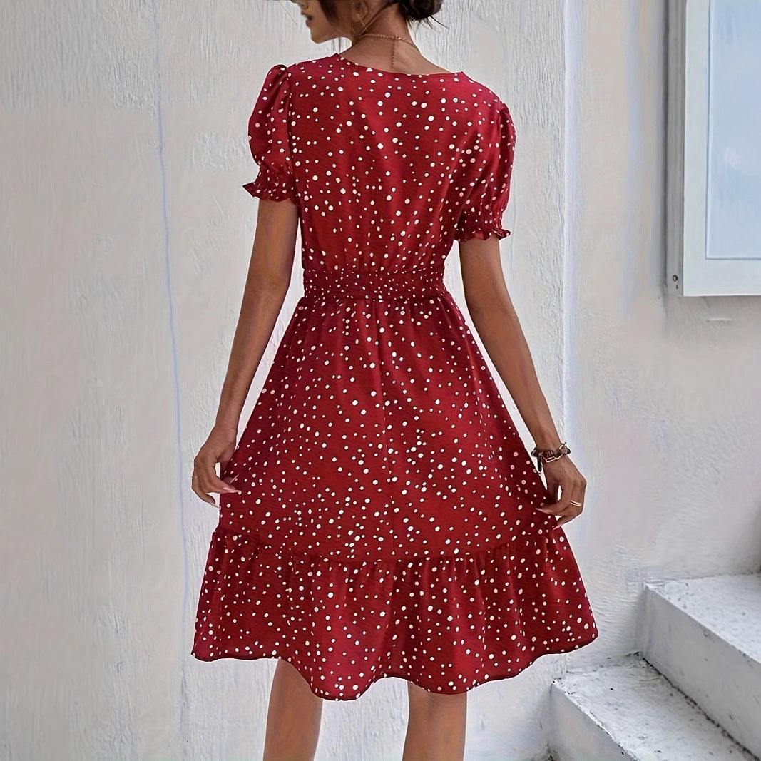 Casual Short Sleeve Cross Collar Polka Dot Dress
