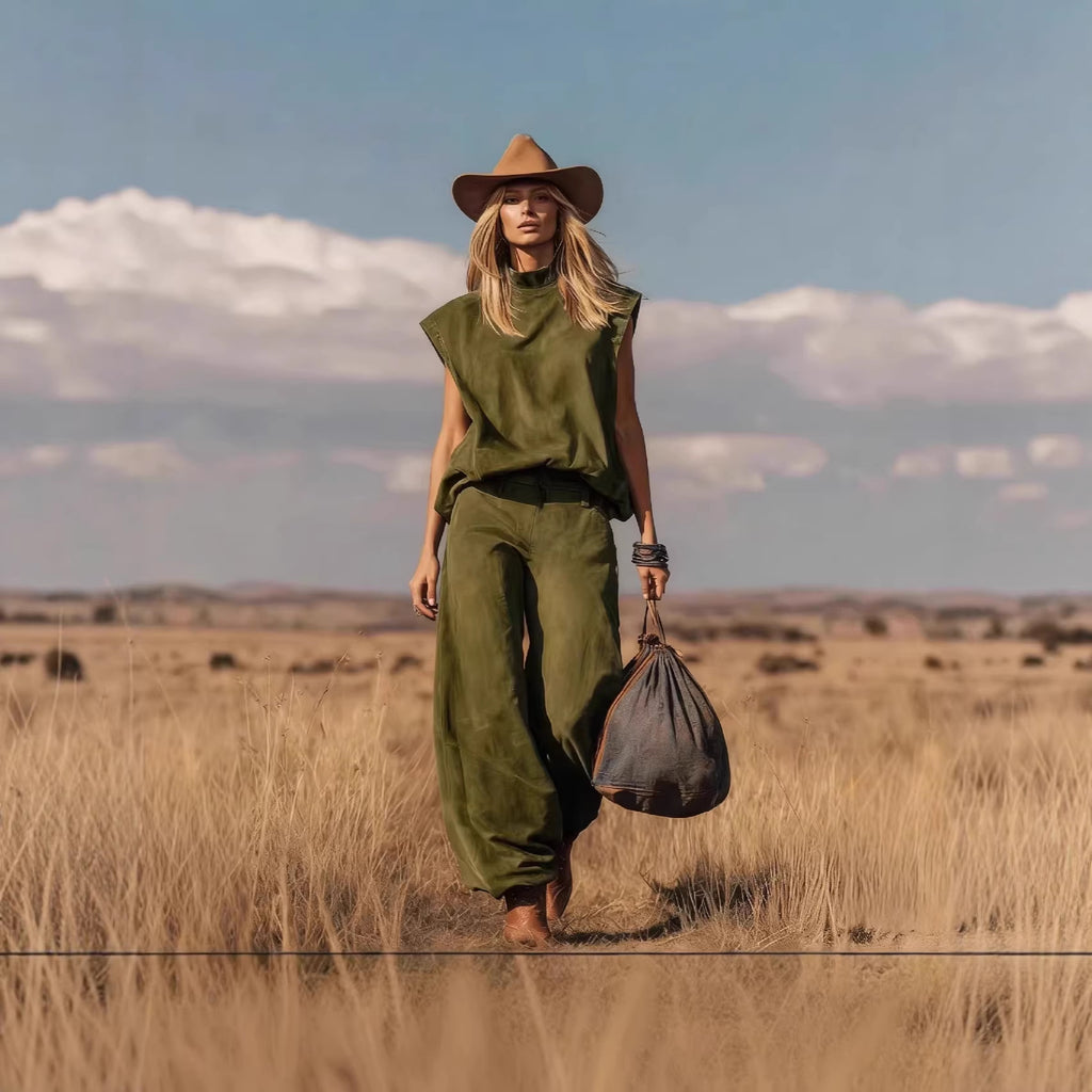 Western-style Sleeveless Wide-leg Cropped Suede Velvet Suit