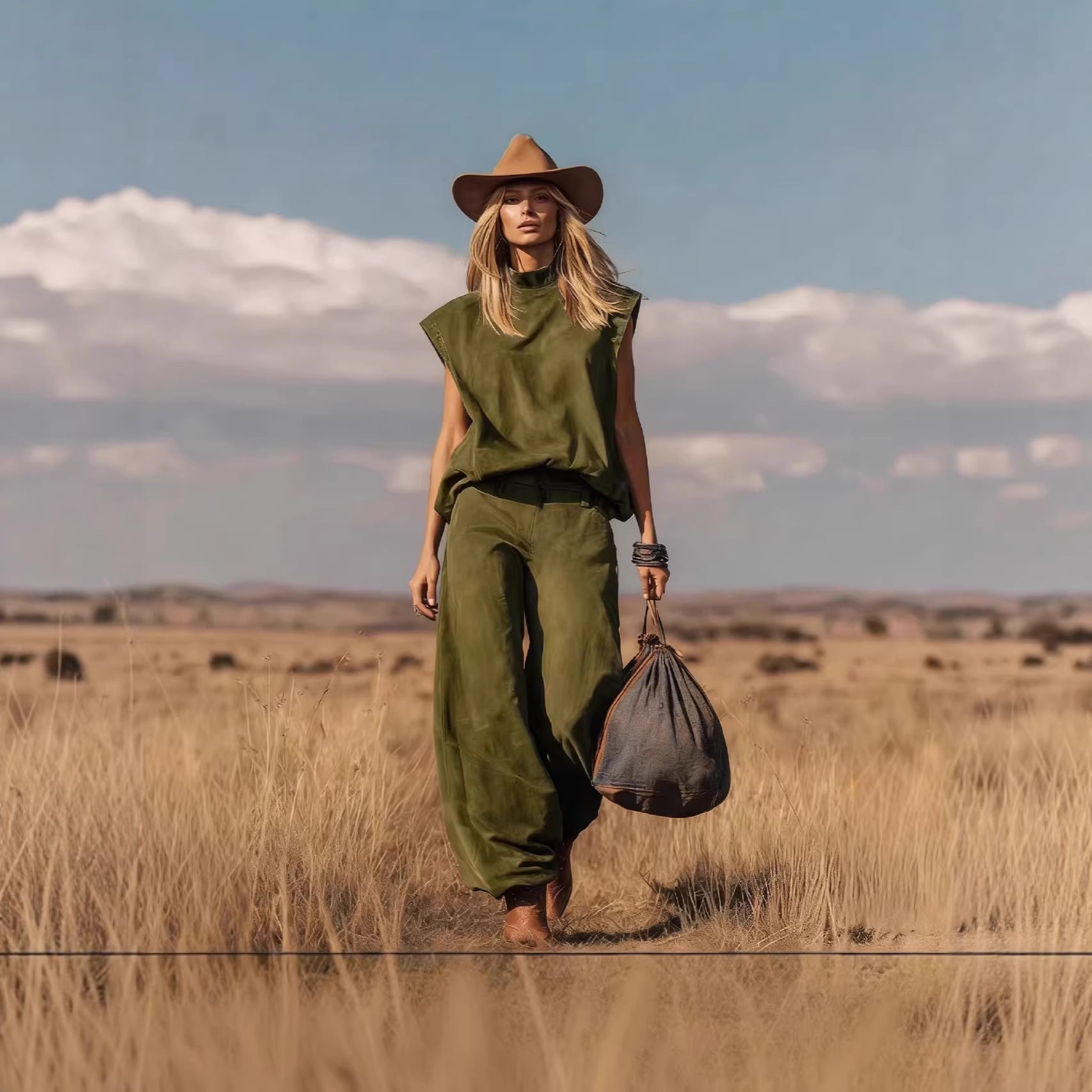 Western-style Sleeveless Wide-leg Cropped Suede Velvet Suit