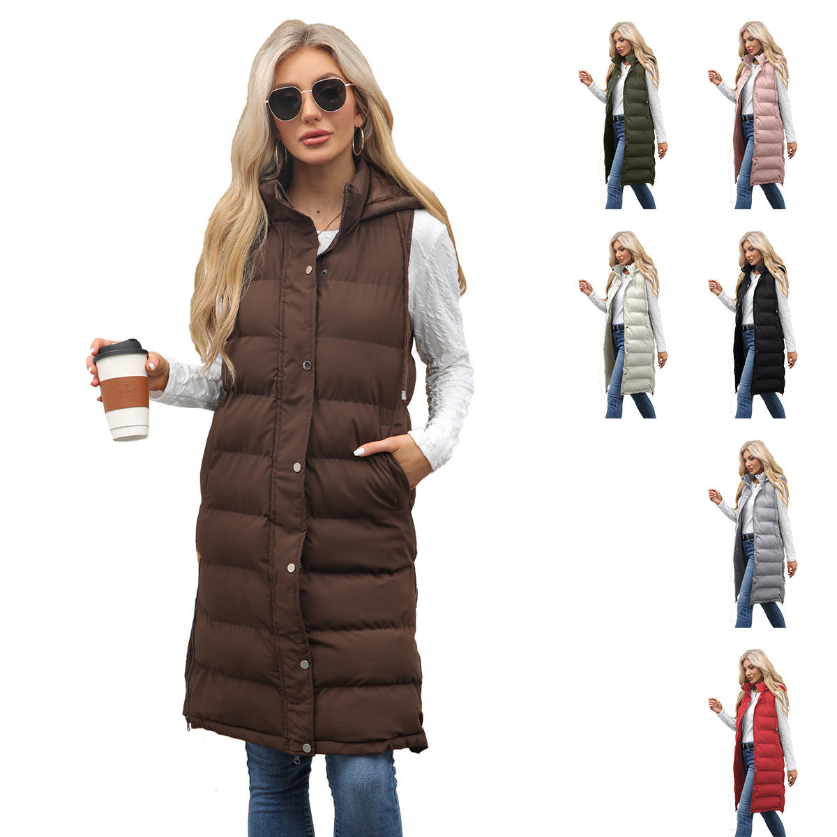Ladies Hooded Sleeveless Zipper Cotton Padded Thickened