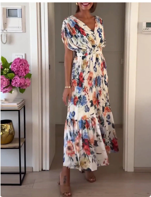 Elegant V-neck Printed Pleated Dress Women