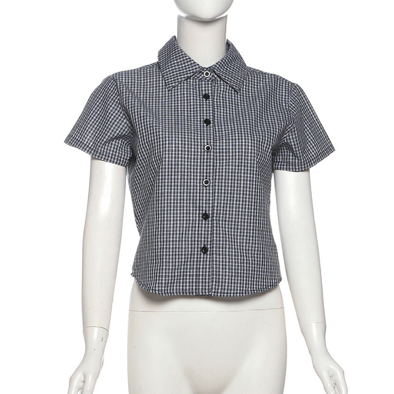 Hot Girl Fashion Plaid Printed Lapel Single Breasted Slim Fit Waist-controlled Top Women