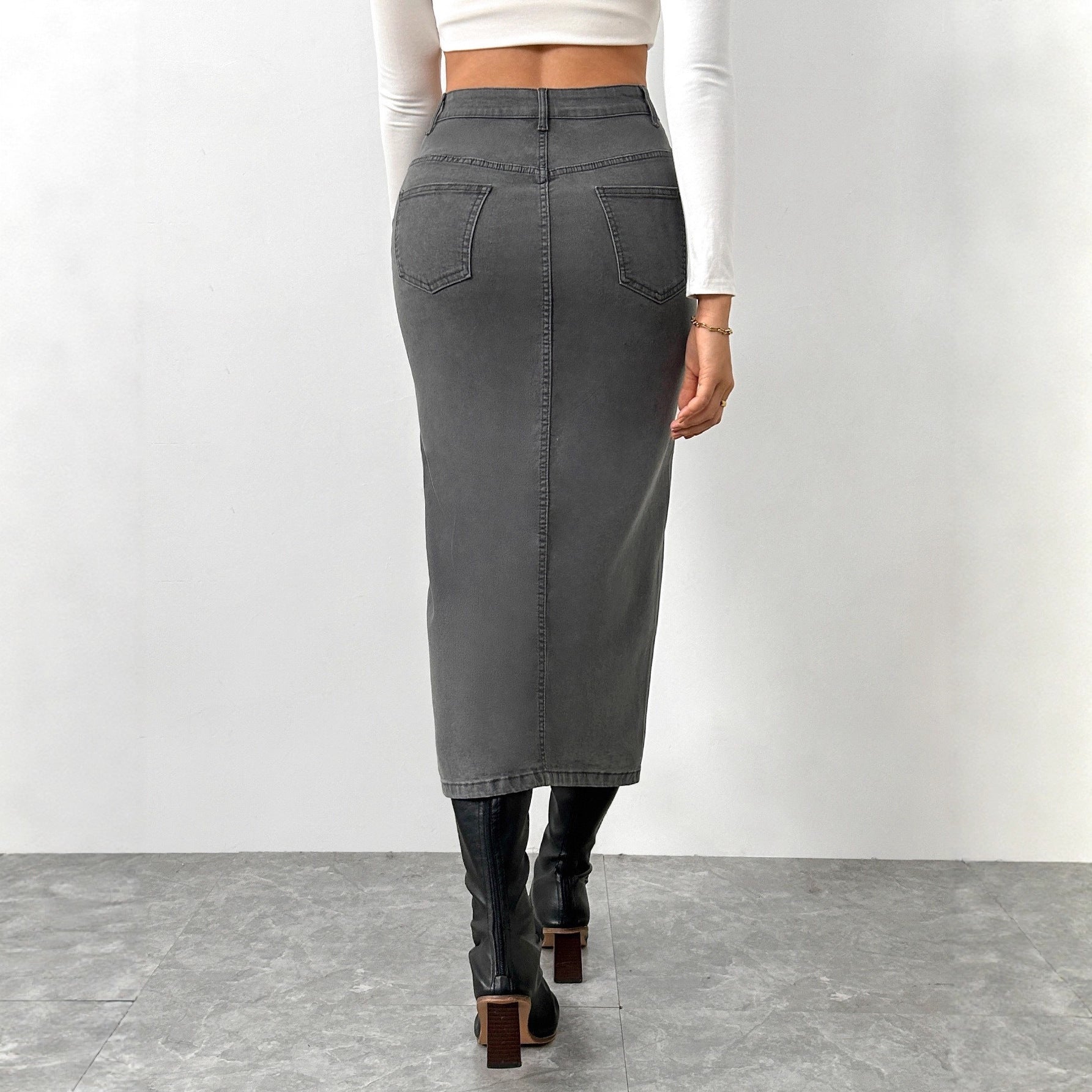 Womens Solid-Color High-Waist Vintage Denim Skirt