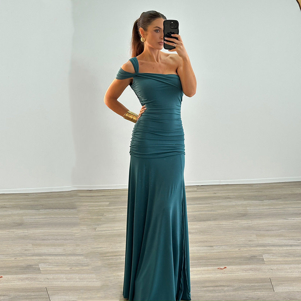 Solid Color Sexy Oblique Shoulder Pleated Side Slit Slim Fit Dress