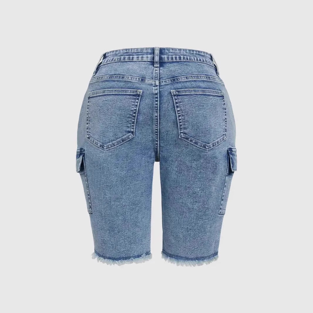 Stretch-washed High-rise Denim Shorts With Side Pockets And A High Stretch Factor