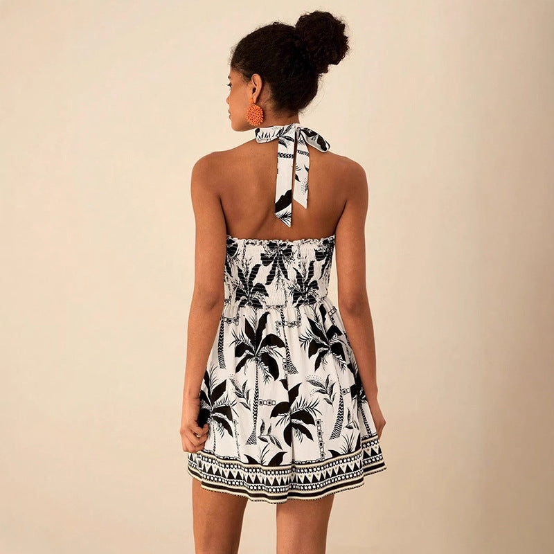 Printed Lace-up Sleeveless Halter neck Slip Dress