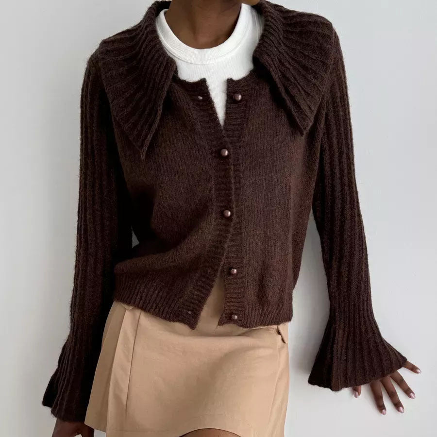 Womens Short Knitted Cardigan With Lapel Collar And Flared Sleeves