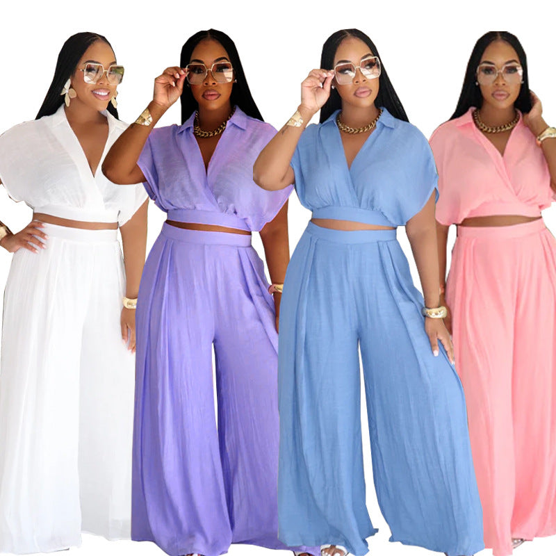 Solid-color Lapel Fashionable Loose-fitting Set